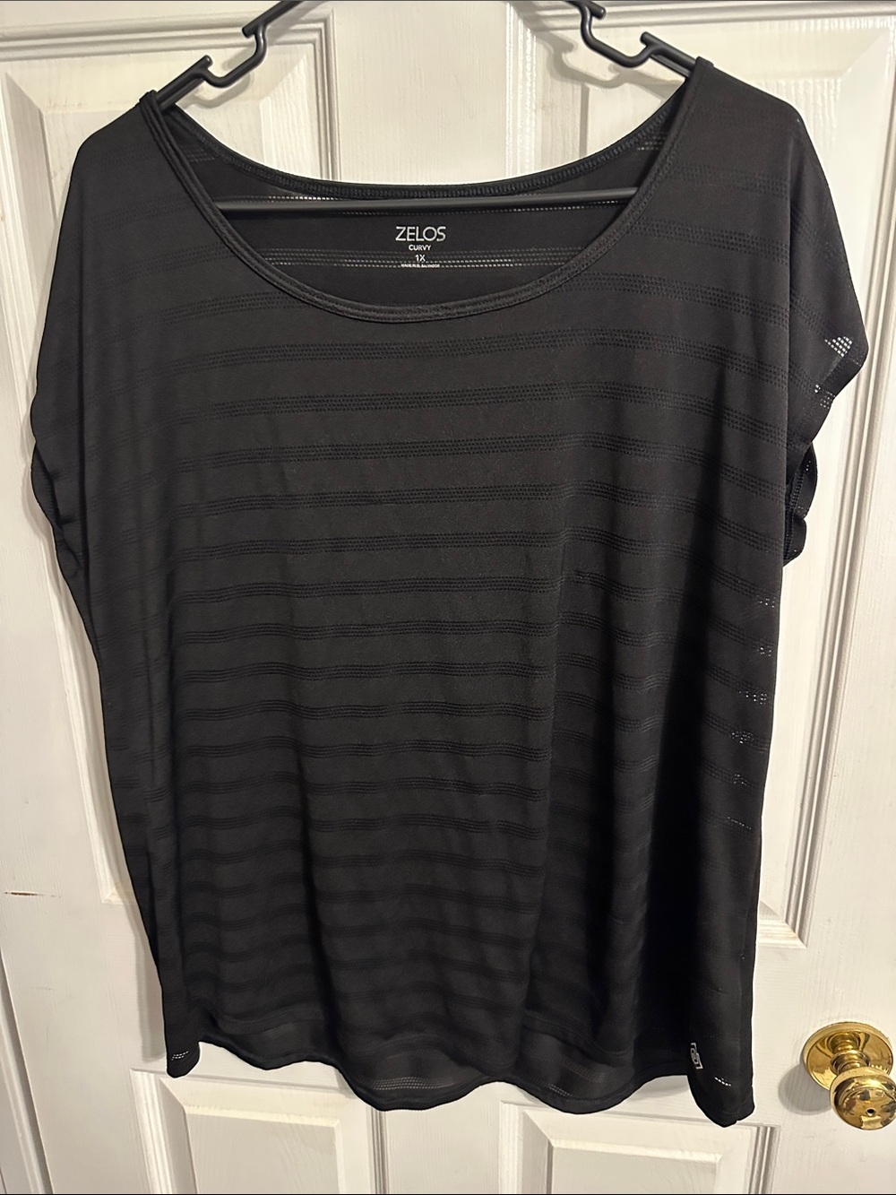 ZELOS Black Short Sleeve Scoop Neck Top with Subtle Stripe Texture